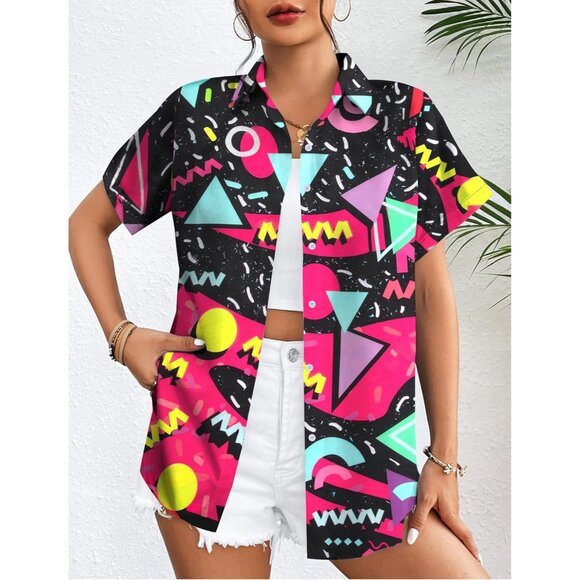 80s 90s Neon Hawaiian Shirt Women Retro Disco Top Short Sleeve Party Wear - Picture 3 of 5